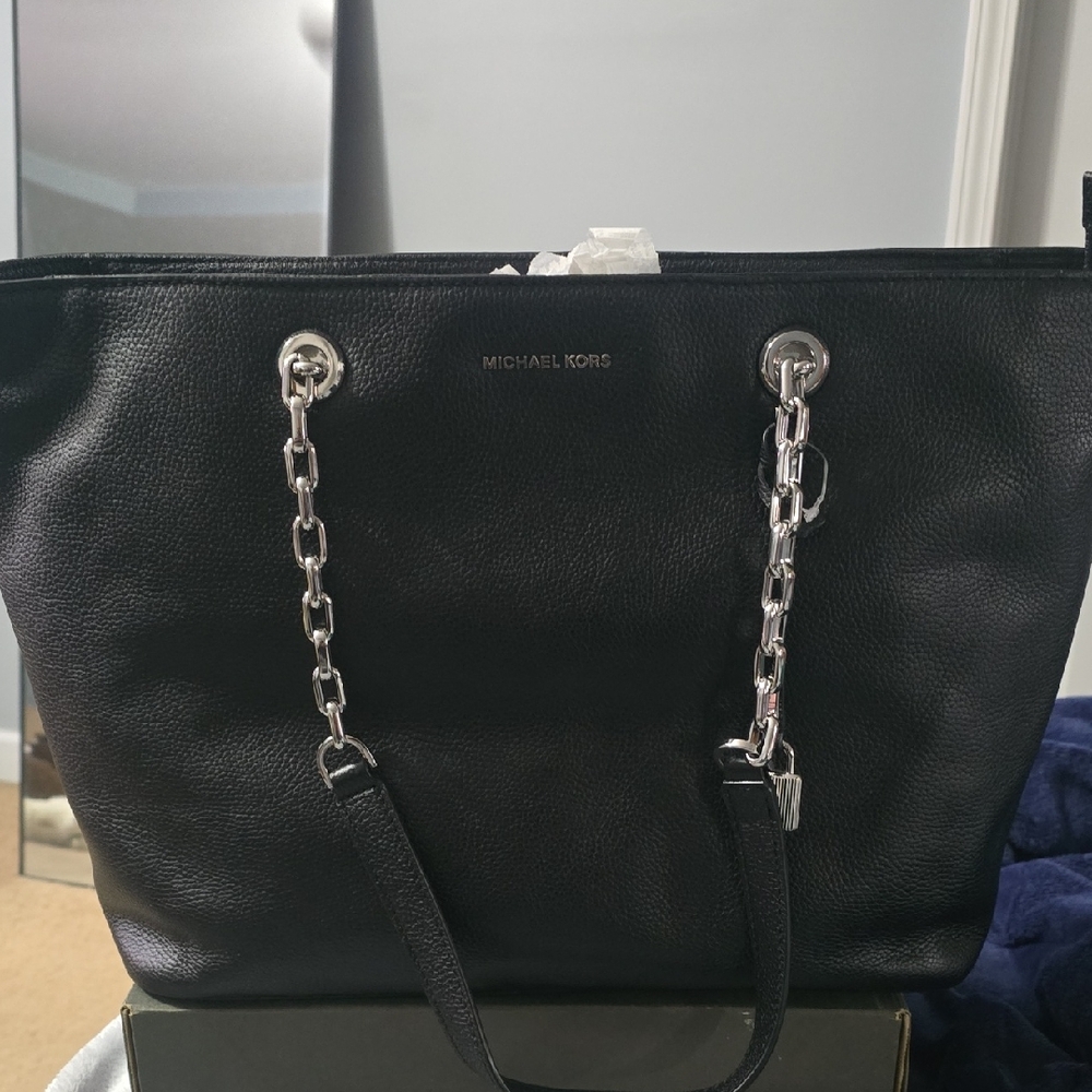 Michael Kors Black Tote with Silver Chain Handles